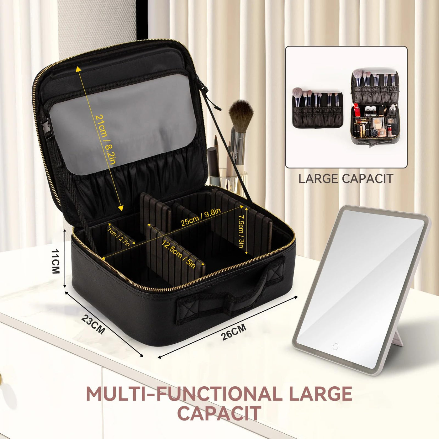 Makeup Bag with Lighted Mirror, Case Setting & Adjustable Dividers (Black)