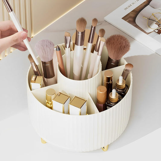 Makeup Brush Holder Organizer, 360° Rotating 5 Slot Make up Brushes Cup for Desktop - (White)