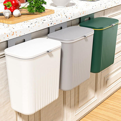 Plastic Hanging Kitchen Trash Can With Lid (9 Litre Green)