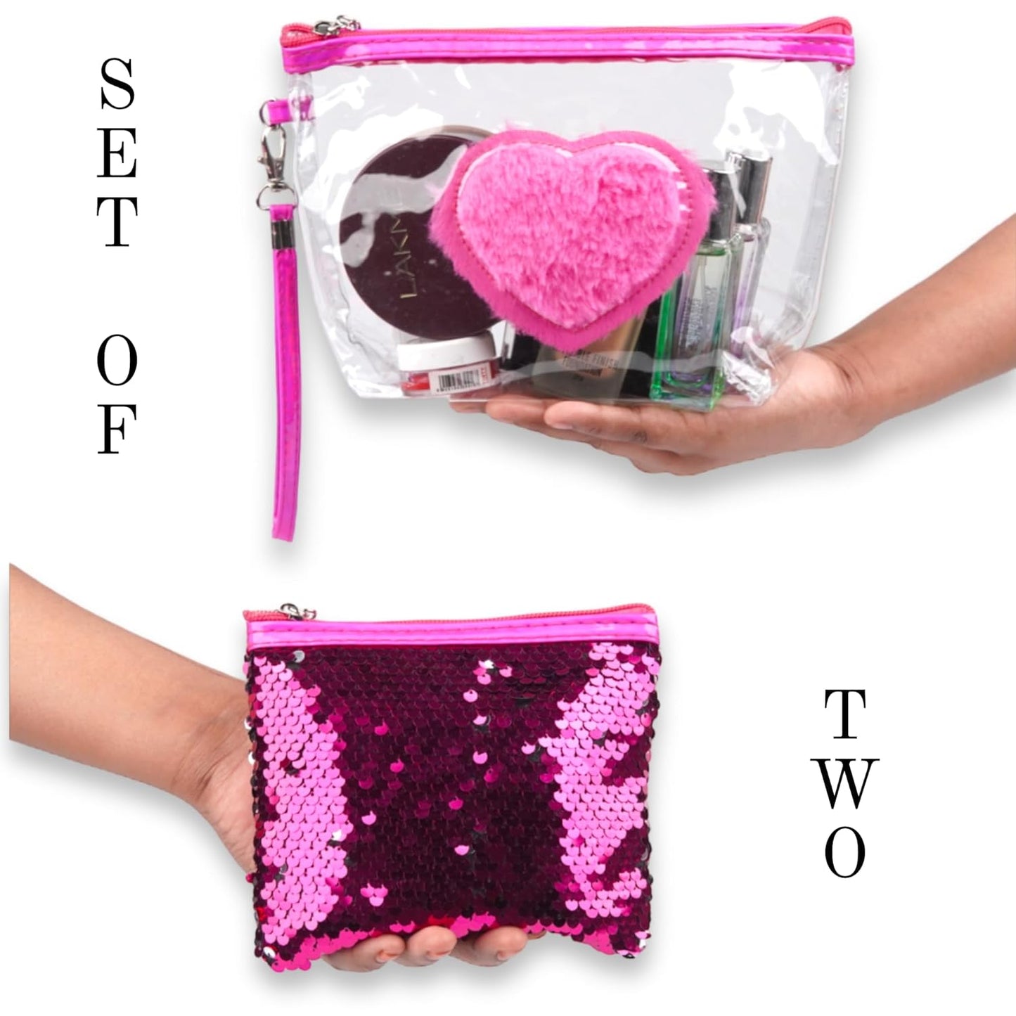 Set of 2 Heart Makeup Bag for Women Portable Toiletry Pouch