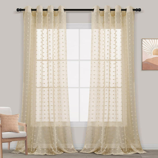 Pom Pom Grommet Sheer Curtains 7 Feet 2 Panels 84 Inch (Pack of 2)