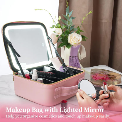 Makeup Bag with Lighted Mirror, Case Setting & Adjustable Dividers (Pink)