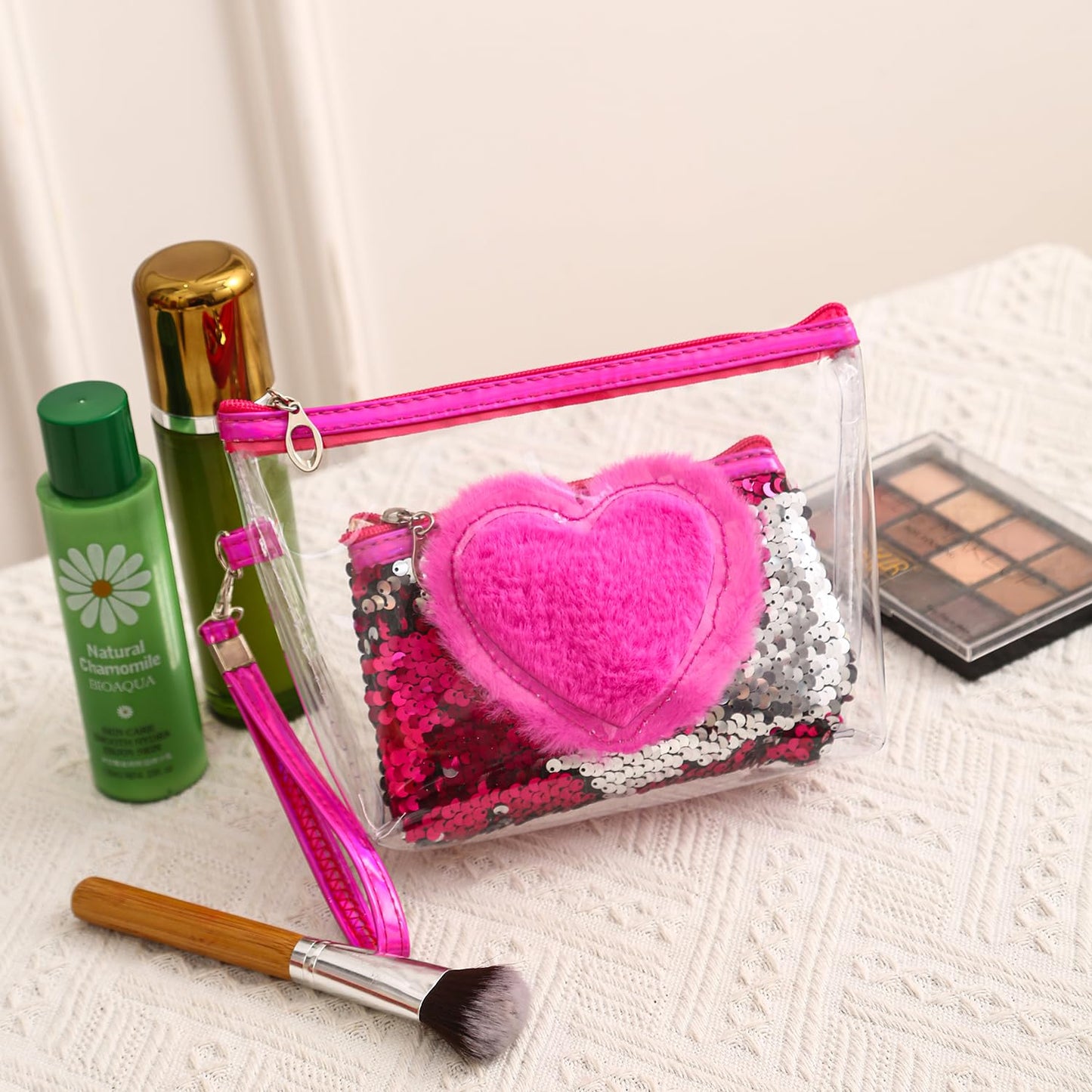 Set of 2 Heart Makeup Bag for Women Portable Toiletry Pouch