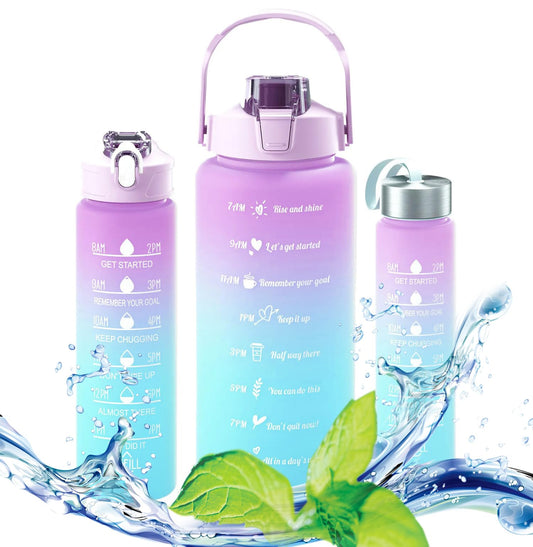 Set of 3 Water Bottle with Straw 2 Litre+900ml+280ml (Purple/Blue)