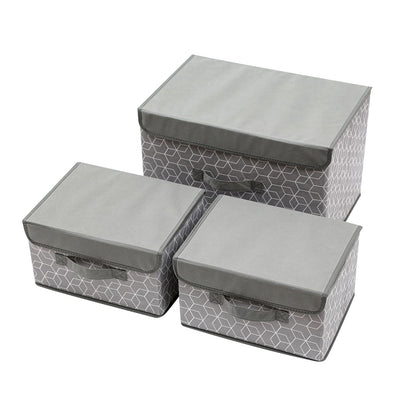 3 Pack Foldable Storage Bin with Lid and Handle - Grey Stripe