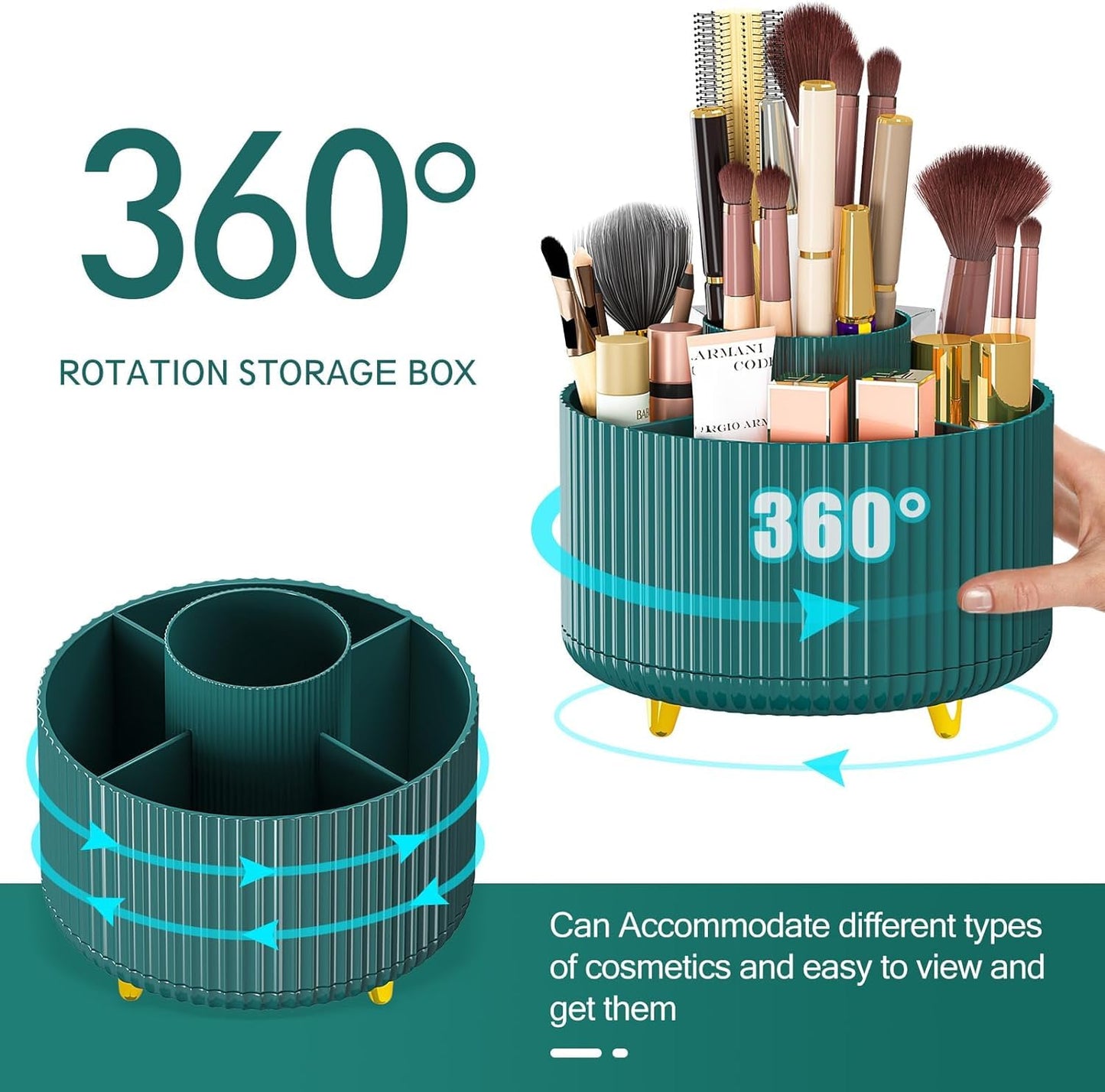 Makeup Brush Holder Organizer, 360° Rotating 5 Slot Make up Brushes Cup for Desktop Organizer (Green)