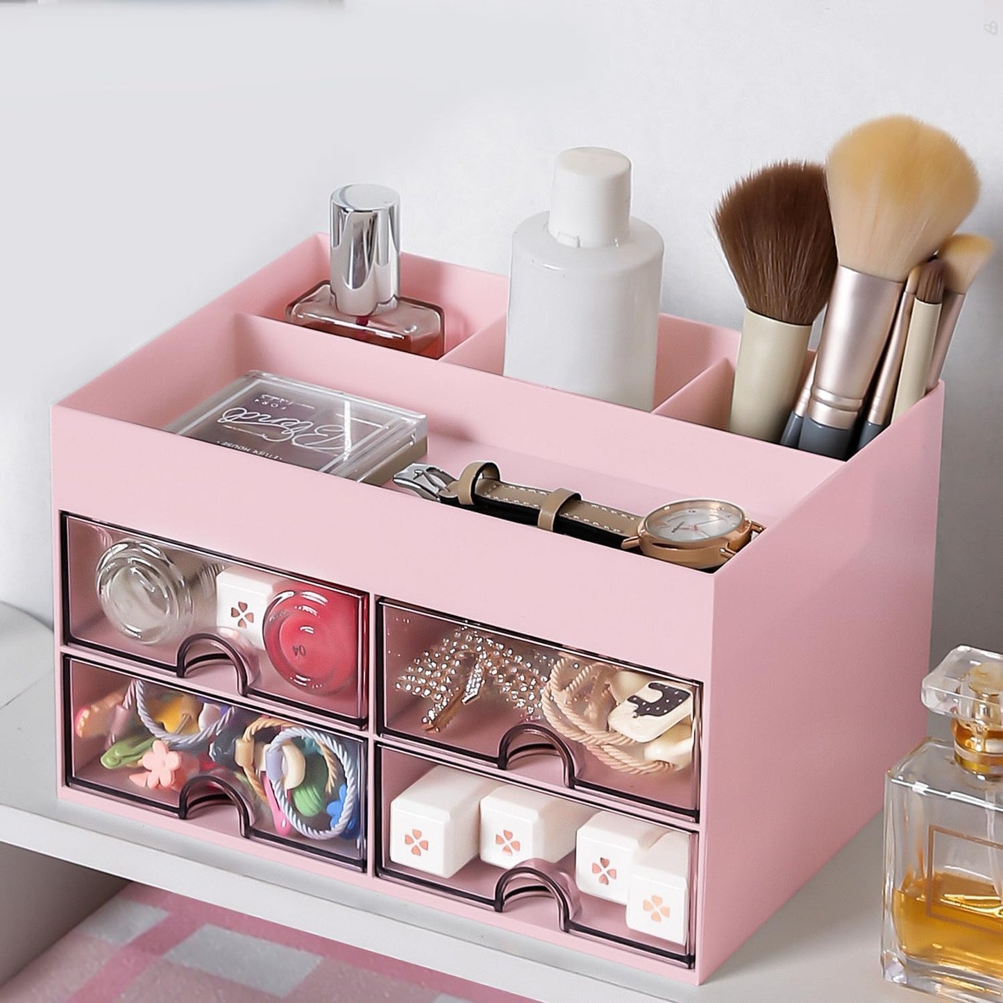 Desk Organiser with Drawer, Multifunctional 4 Plastic Compartments - Pink