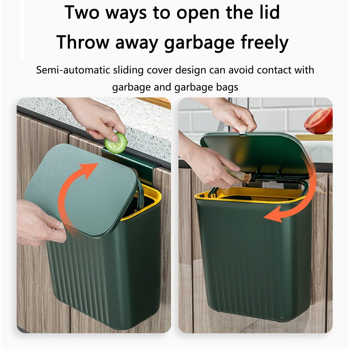 Plastic Hanging Kitchen Trash Can With Lid (9 Litre Green)