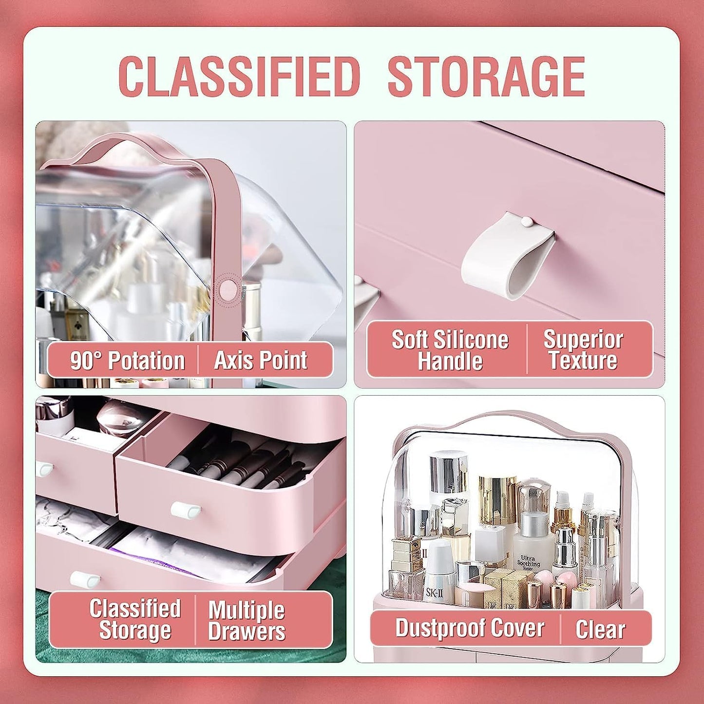 Luxury Multi-function Cosmetic Storage Box Large-Capacity (Pink)