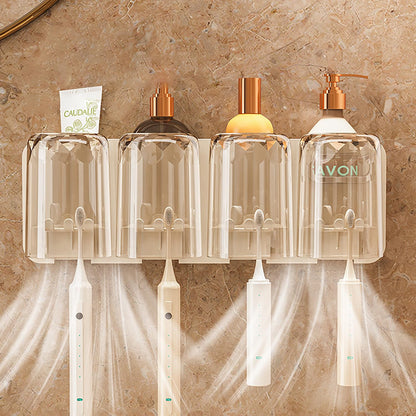 4-Slot Toothbrush Rack, Including 1 Toothpaste Squeezer, 4 Mouthwash Cups (Cream)