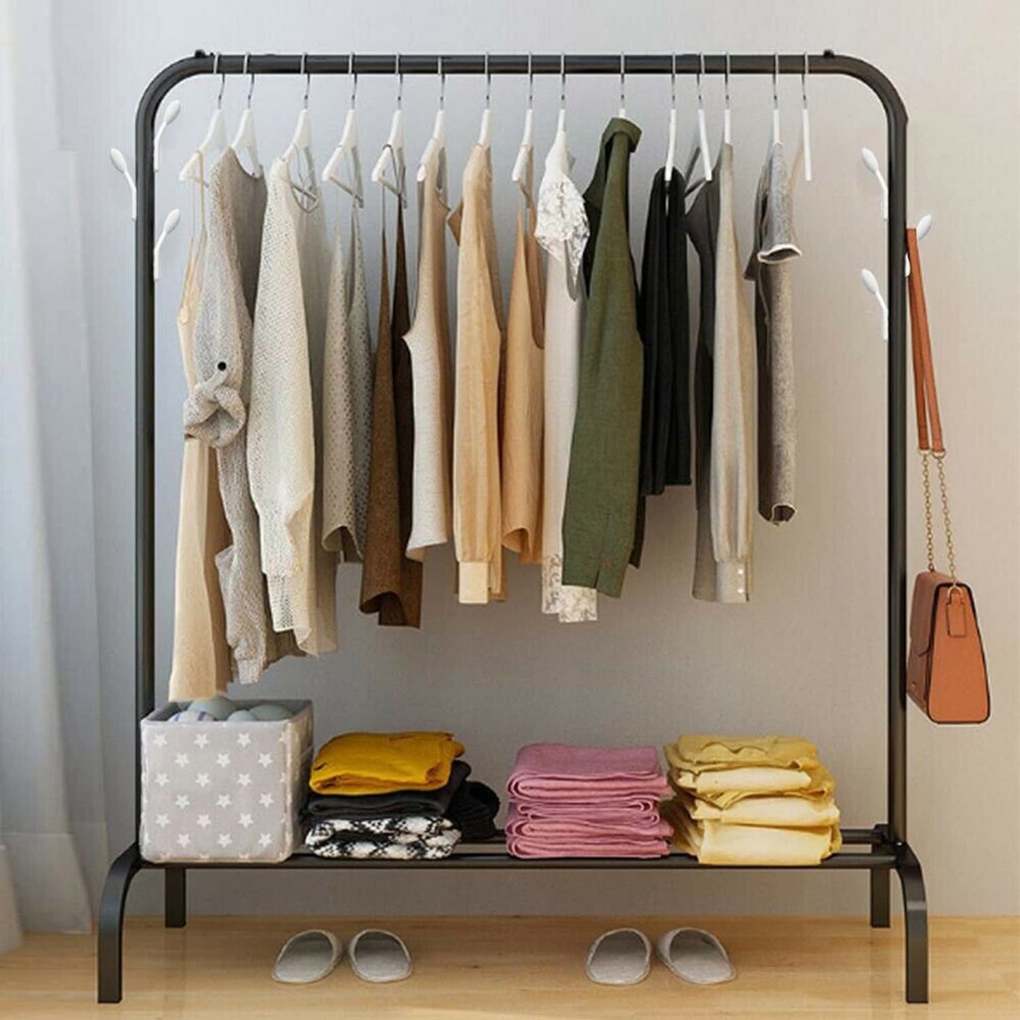 Metal Garment Rack with Top Rod and Lower Storage Shelf Clothes Rack 6 Hooks(150x117cm) White