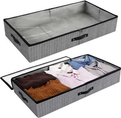 Under Bed Storage Bins Containers Large Foldable Shoe Storage Organizers with Clear Lid (2-Pack, 56L, Grey)