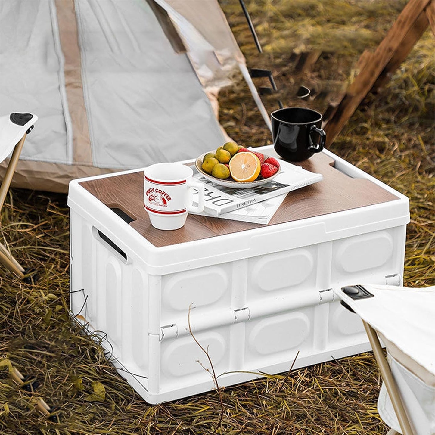 Folding Storage Bins with Wood Lid Storage Container - (30Litre, White)