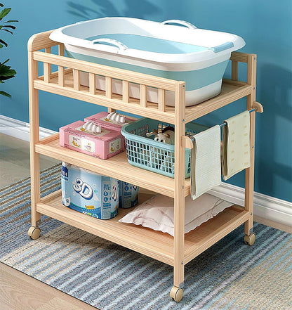 3 Tier Baby Changing Table, Baby Nursing Table with Wheels (Natural Bamboo)