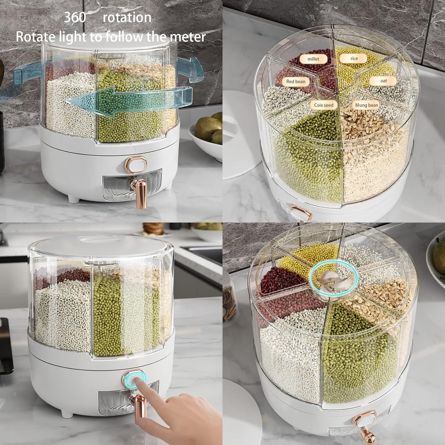 Rotatable Cereal Dispenser 360 Rotating 6 Grids Food Dispenser (Circular White)