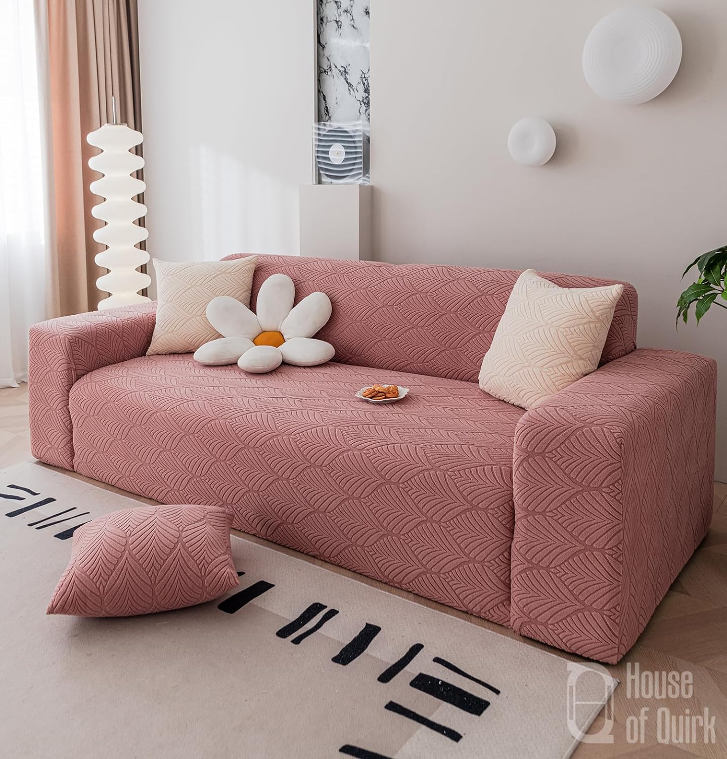 Universal 220 GSM Jacquard Leaf Texture Fabric Sofa Cover(Pink)