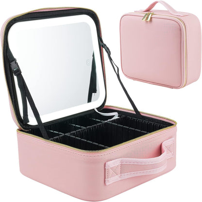 Makeup Bag with Lighted Mirror, Case Setting & Adjustable Dividers (Pink)