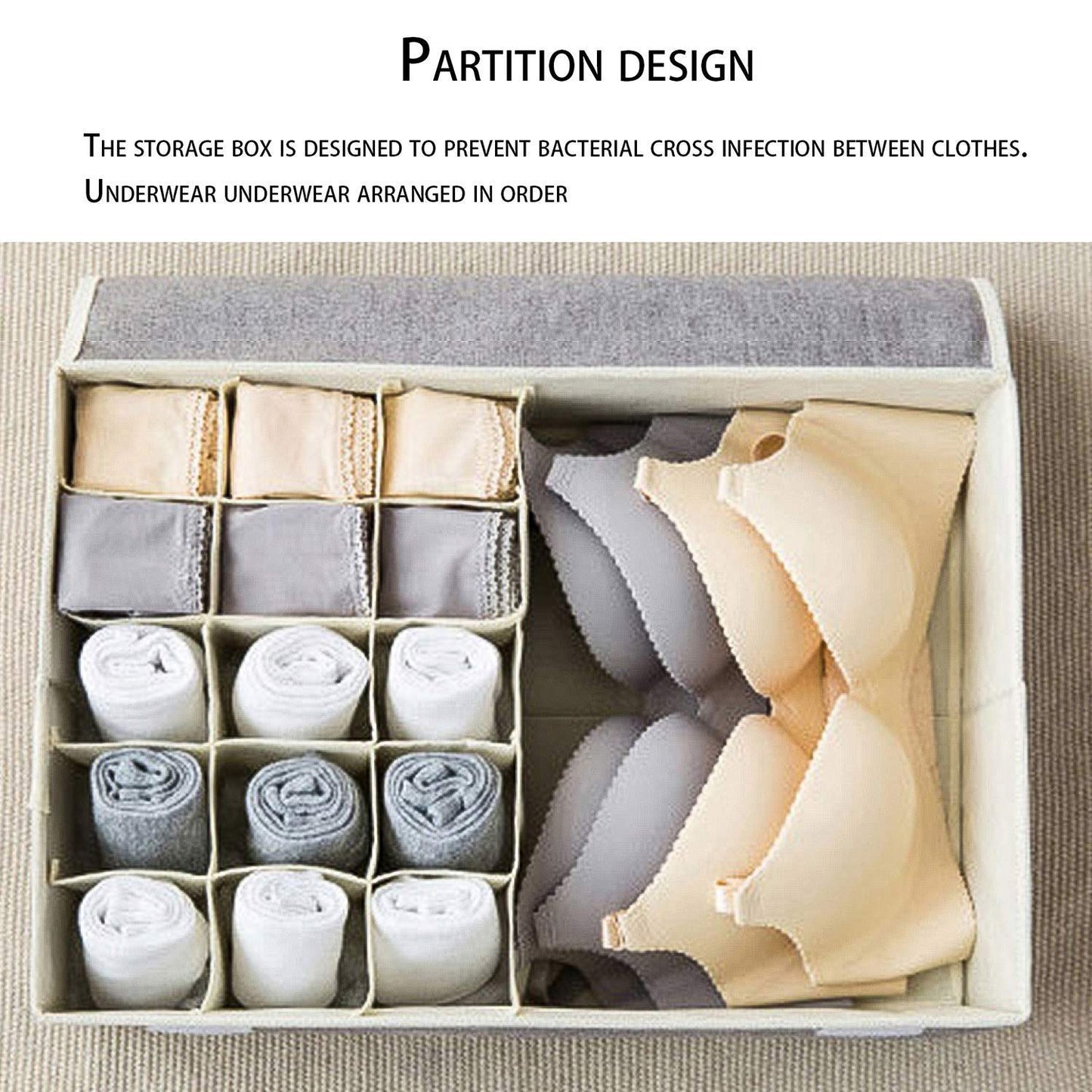 Innerwear Organizer 16+1 Compartment  Foldable Fabric Storage Box(44 x 28 x 12 cm Linen Grey Cream)