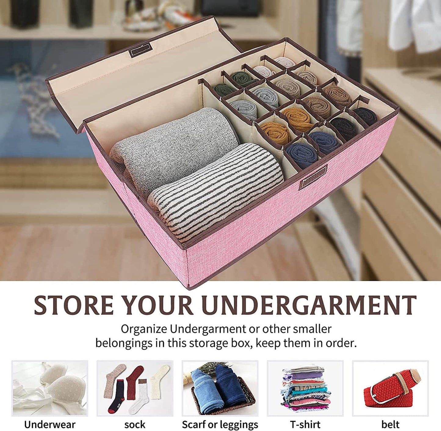 Innerwear Organizer 16+1 Compartment  Foldable Fabric Storage Box(44 x 28 x 12 cm Linen Pink)