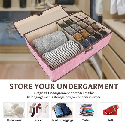 Innerwear Organizer 16+1 Compartment  Foldable Fabric Storage Box(44 x 28 x 12 cm Linen Pink)