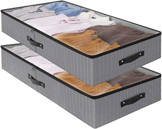 Under Bed Storage Bins Containers Large Foldable Shoe Storage Organizers with Clear Lid (2-Pack, 56L, Grey)