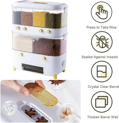 Rice Container, Cereal Food Dispenser, with Lid Moisture Resistant Household 6-Grid Rice (White)