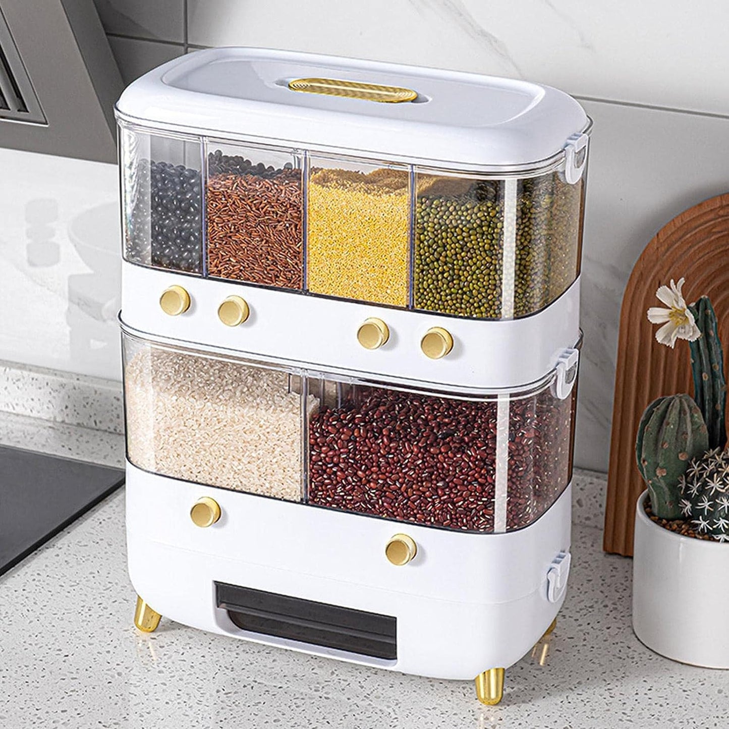 Rice Container, Cereal Food Dispenser, with Lid Moisture Resistant Household 6-Grid Rice (White)