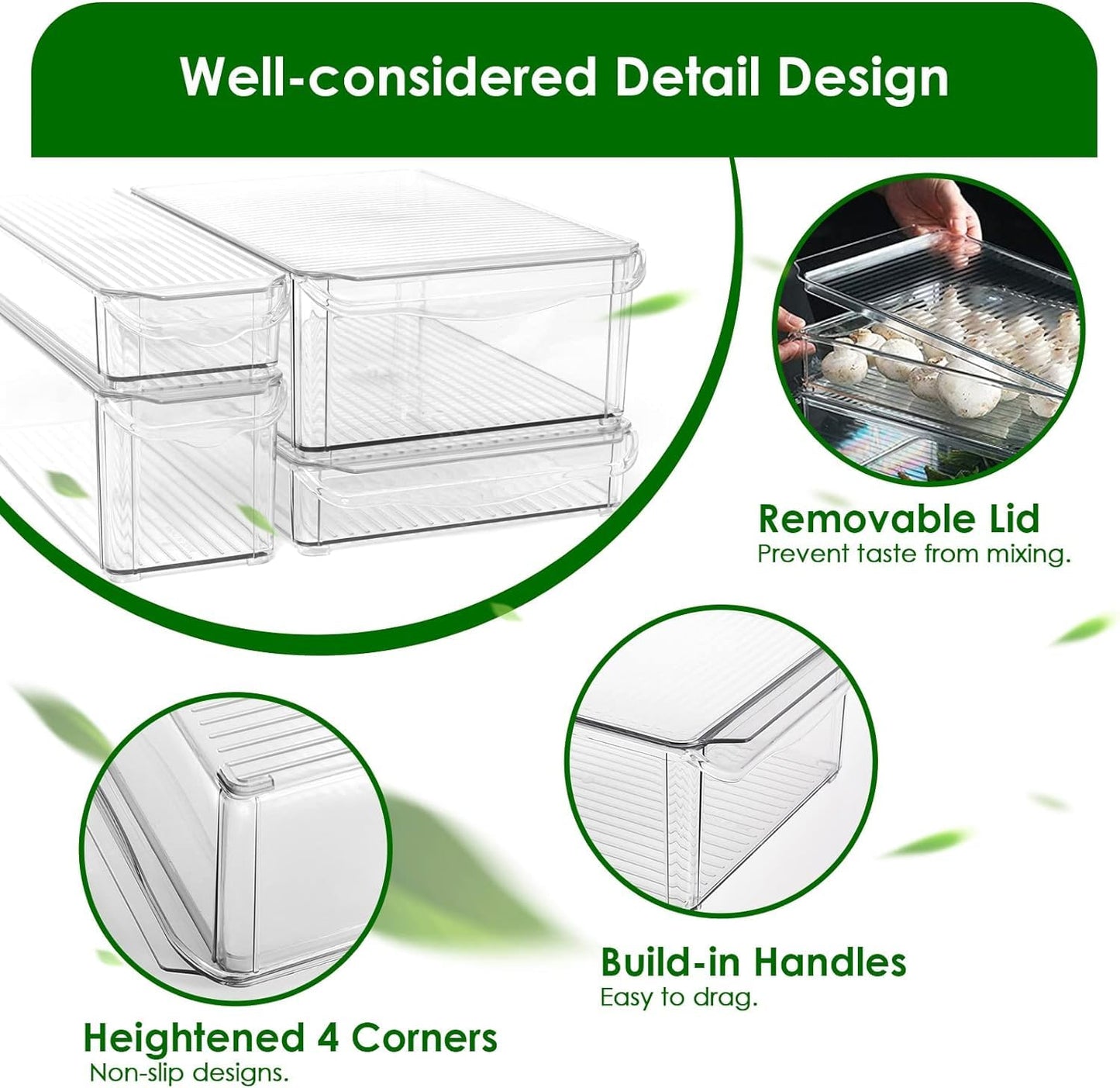 Refrigerator Organizer Bins With Pull-Out Drawer With Handle