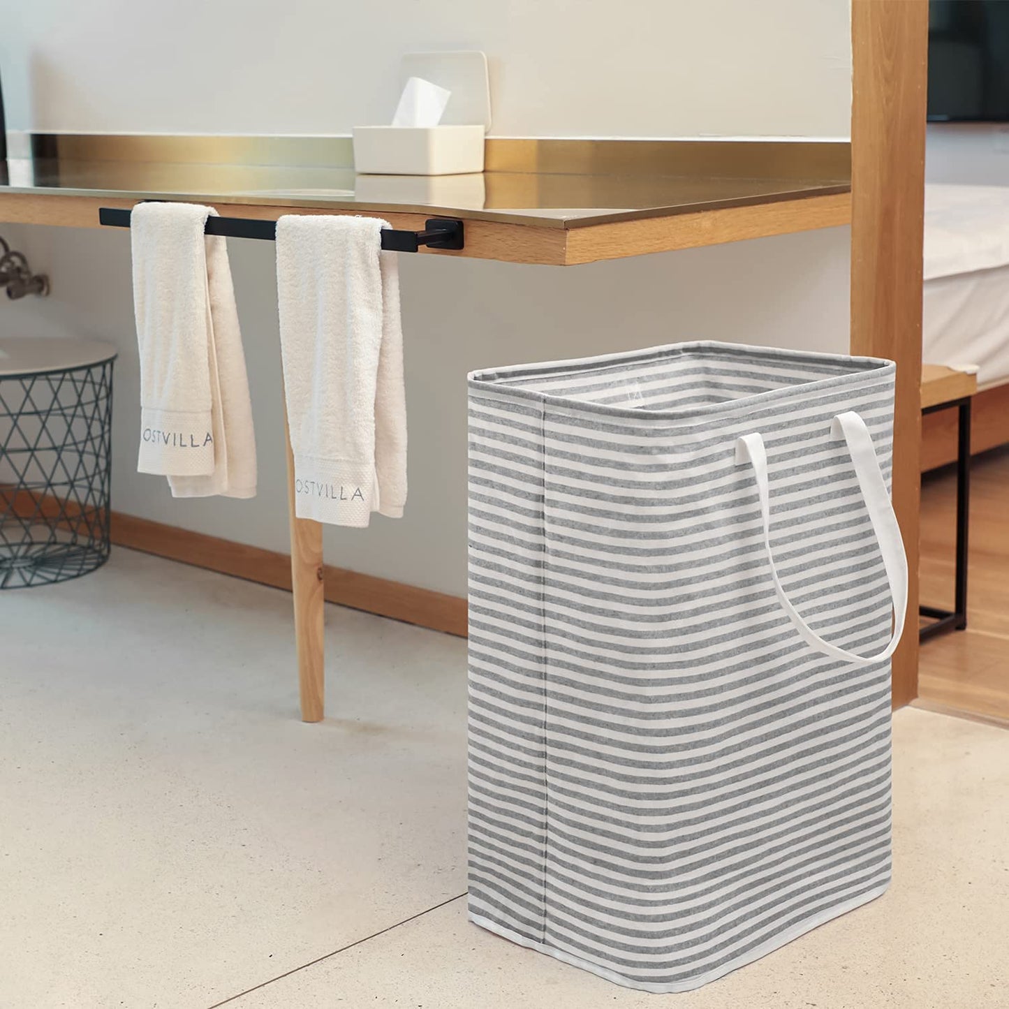 Waterproof Laundry Hamper Collapsible Baskets with Easy Carry Handles Large - White Grey Stripe