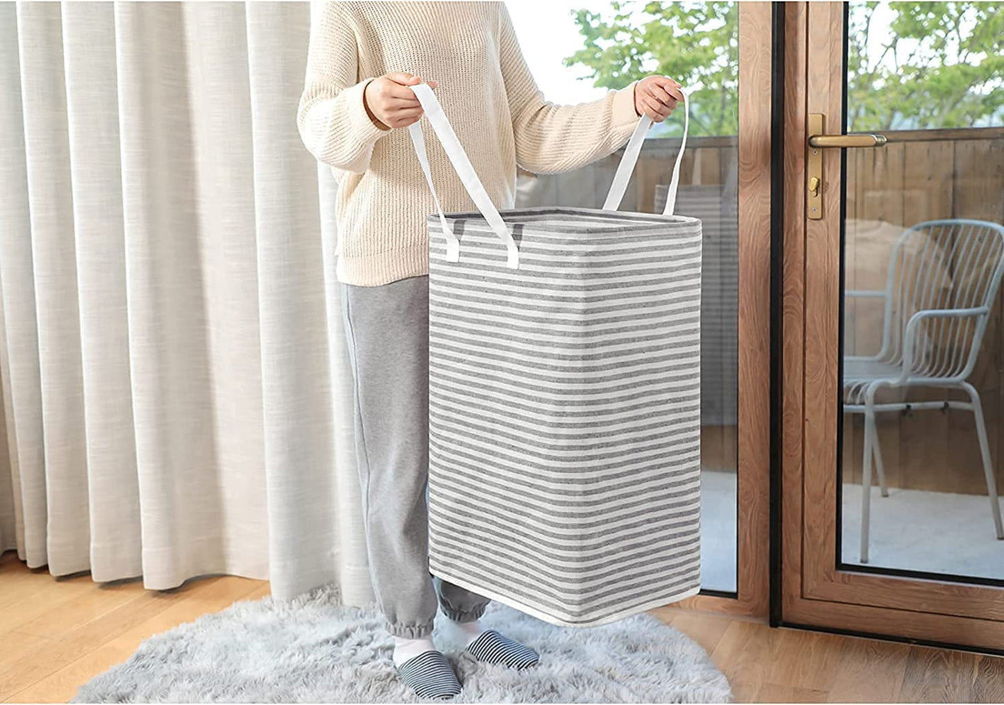 Waterproof Laundry Hamper Collapsible Baskets with Easy Carry Handles Large - White Grey Stripe