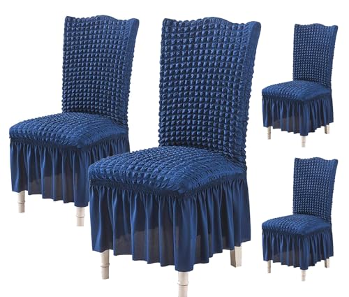 Turkish Bubble Frill Chair Cover Stretch Removable Washable Slipcover (NAVY)