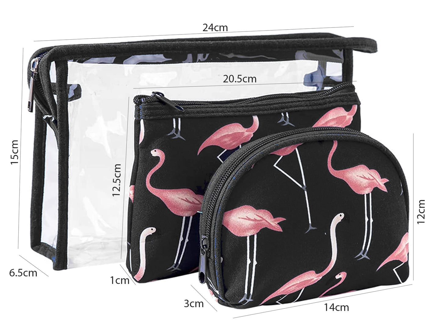 Flamingo Makeup Bag Set for Women Portable 3 Different Sizes Toiletry Bag