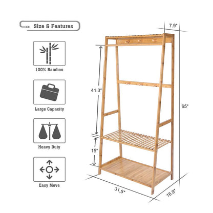 Bamboo Garment Coat Clothes Hanging Duty Rack with Top Shelf and Shoe Clothing Storage Organizer Shelves - DIY Rack (80X165 Dual)