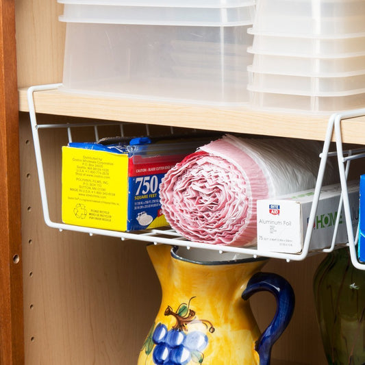 Under Shelf Basket Wire Rack Easily Slides Under Shelves for Extra Cabinet Storage - White