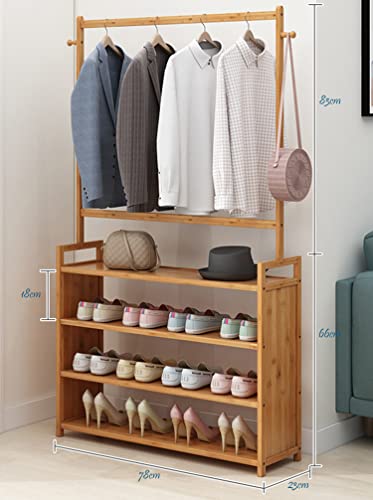 Bamboo Shoe Organizer with Storage Shelves and Clothes Hanger