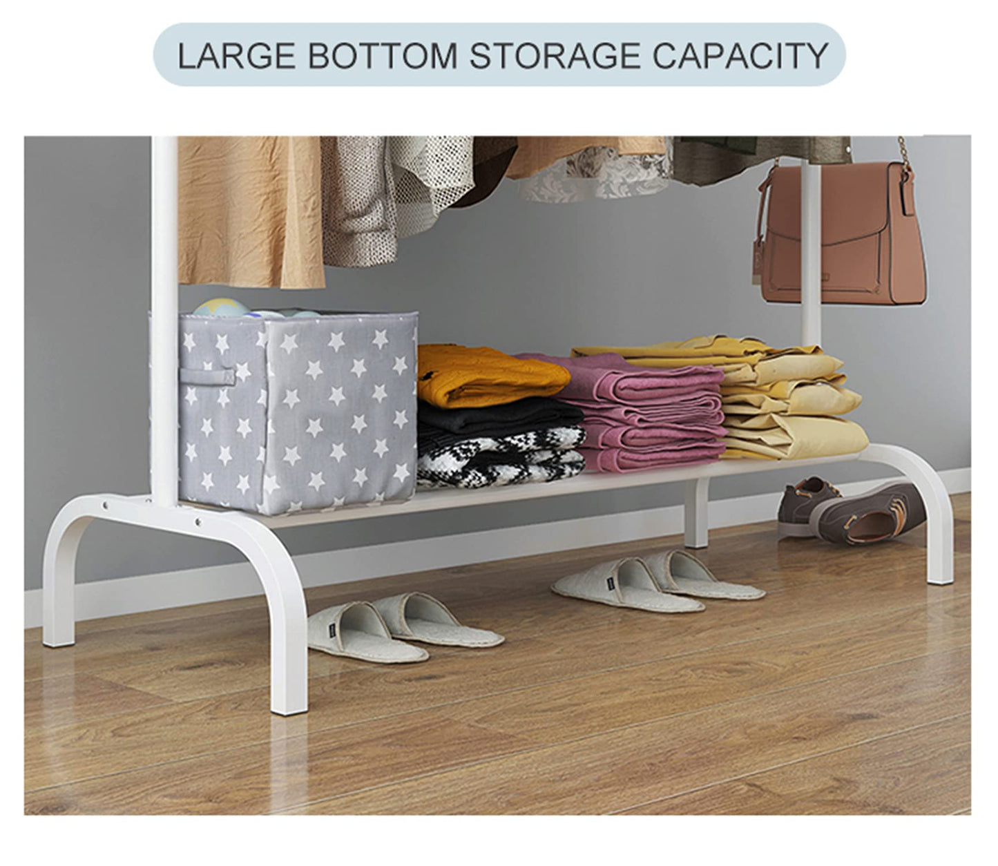 Metal Garment Rack with Top Rod and Lower Storage Shelf Clothes Rack 6 Hooks(150x117cm) White