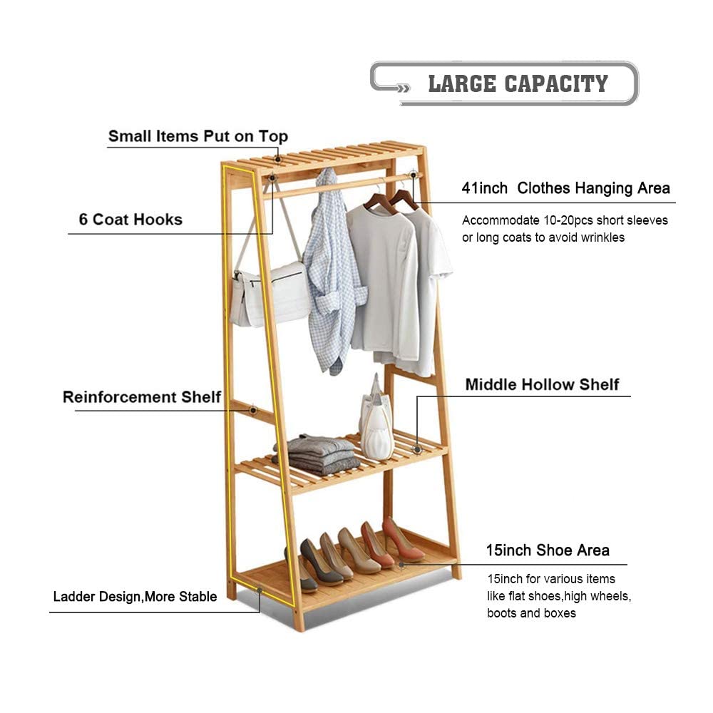 Bamboo Garment Coat Clothes Hanging Duty Rack with Top Shelf and Shoe Clothing Storage Organizer Shelves - DIY Rack (80X165 Dual)