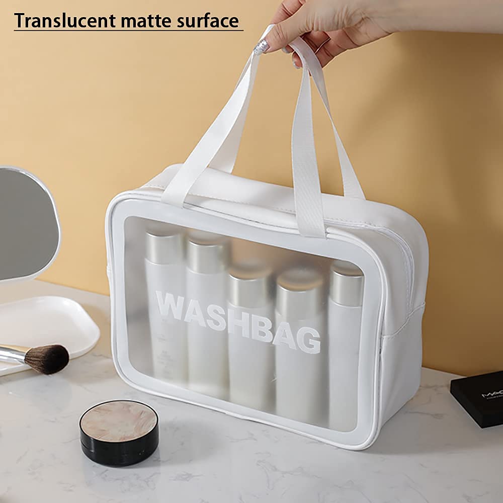 Clear Toiletry Bag, Wash Make Up Bag PVC Waterproof Zippered Cosmetic Bag (White)