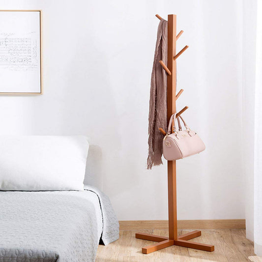 Bamboo Coat And Hat Rack 8 Hooks Coat Stand Clothes Rack Solid Feet for Clothes Scarves and Hats