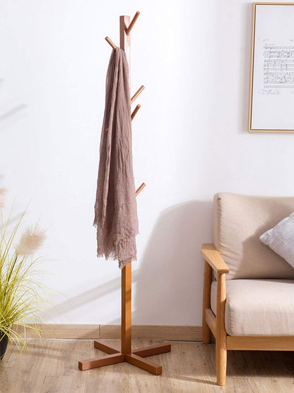 Bamboo Coat And Hat Rack 8 Hooks Coat Stand  - Tan