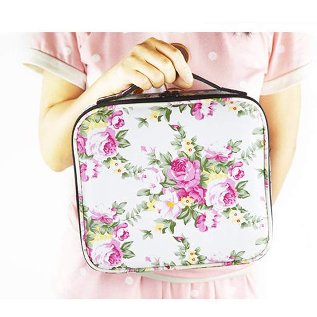 Cosmetic Storage Case with Adjustable Compartment (White Flower)