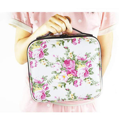 Cosmetic Storage Case with Adjustable Compartment (White Flower)