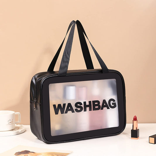 Clear Toiletry Bag, Wash Make Up Bag PVC Waterproof Zippered Cosmetic Bag (Black Large)