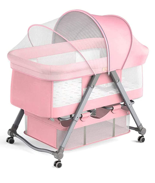 Crib Baby Rack, Foldable, Comes with Casters - Pink