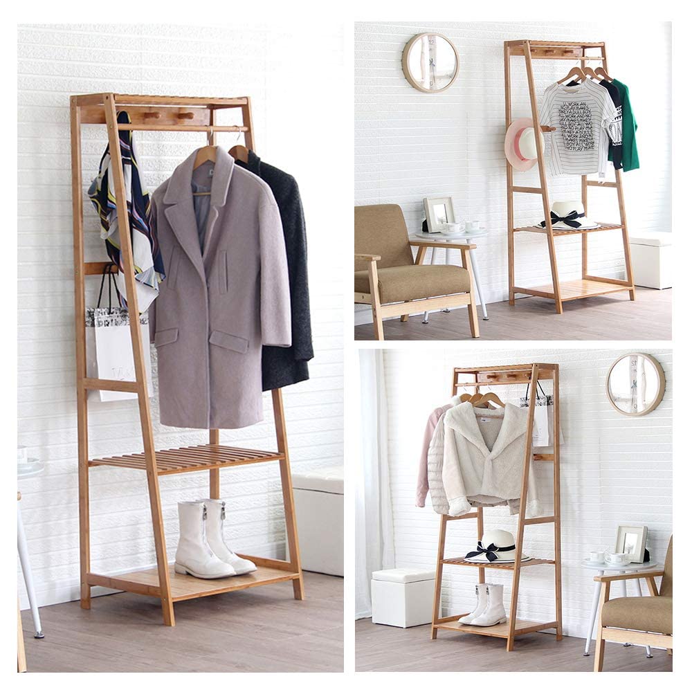 Bamboo Garment Coat Clothes Hanging Duty Rack with Top Shelf and Shoe Clothing Storage Organizer Shelves - DIY Rack (80X165 Dual)