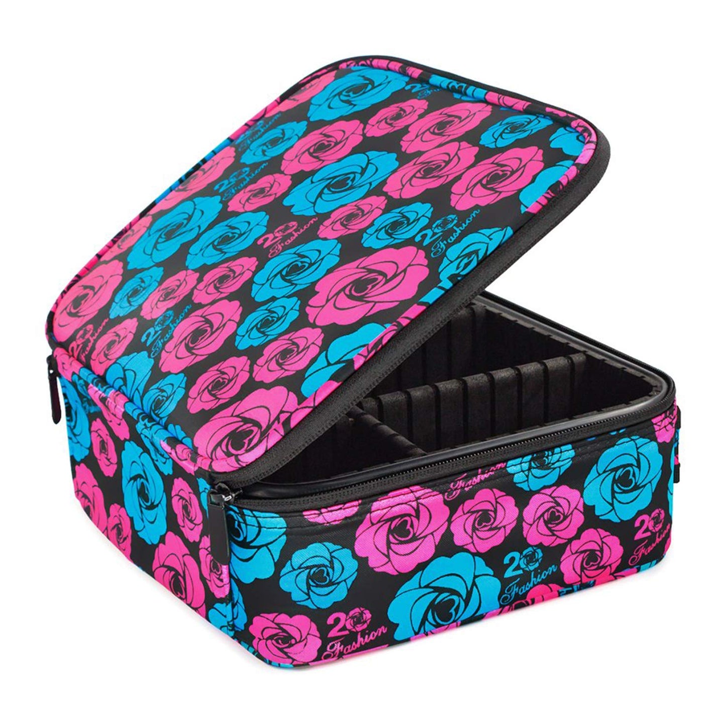 Makeup Cosmetic Storage Case with Adjustable Compartment (Blue Pink Roses)