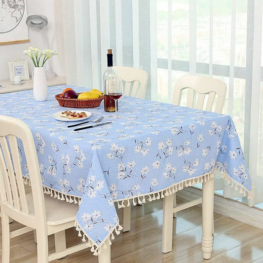 Rectangle Tablecloth Cotton Linen Table Cloth Dust-Proof Table Cover-Blue Daisy