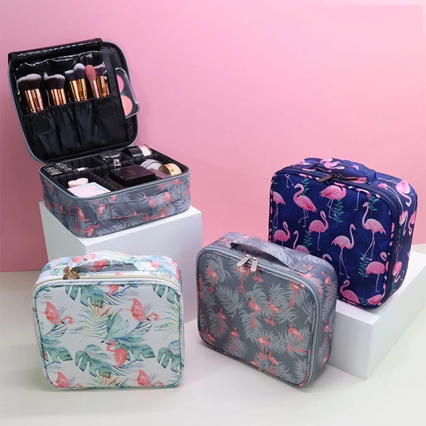 Cosmetic Storage Case with Adjustable Compartment (White Flamingo)