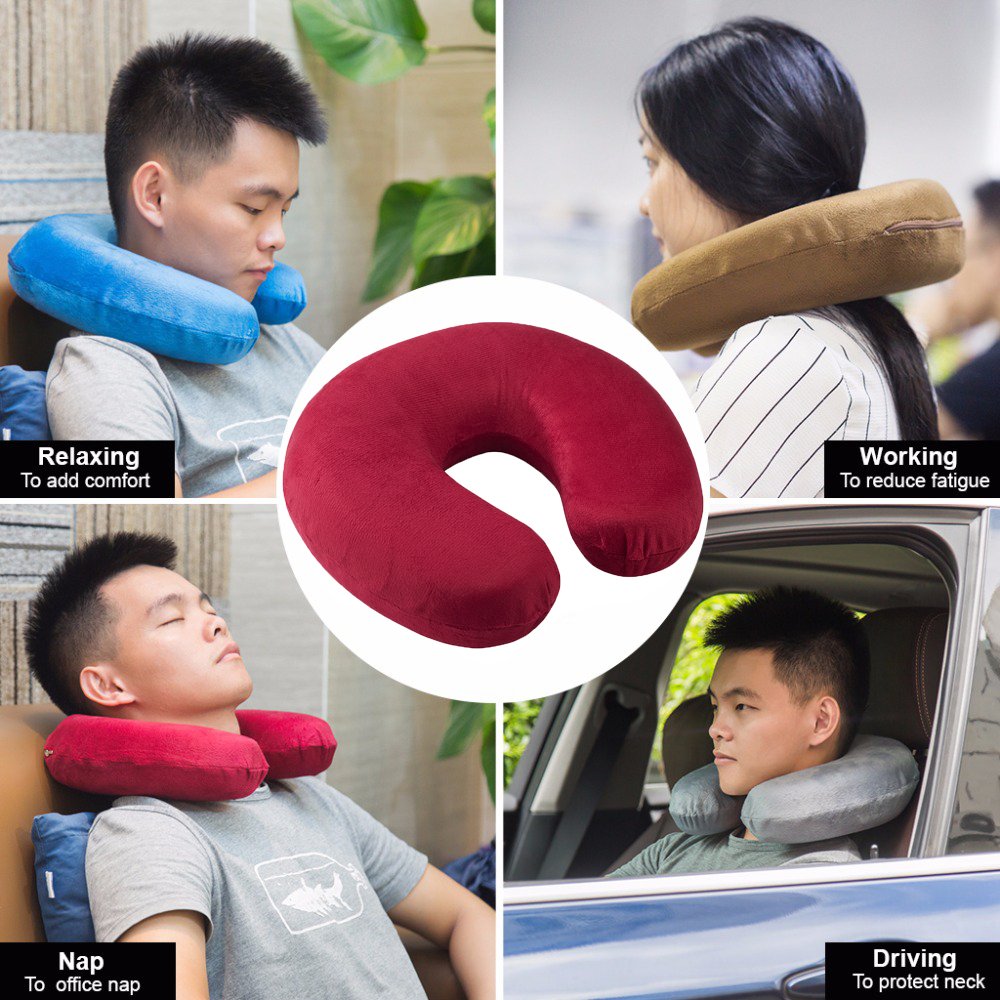 Memory Foam Travel Pillow Comfort Neck Pillow with Head & Neck Support (Red-Pink)