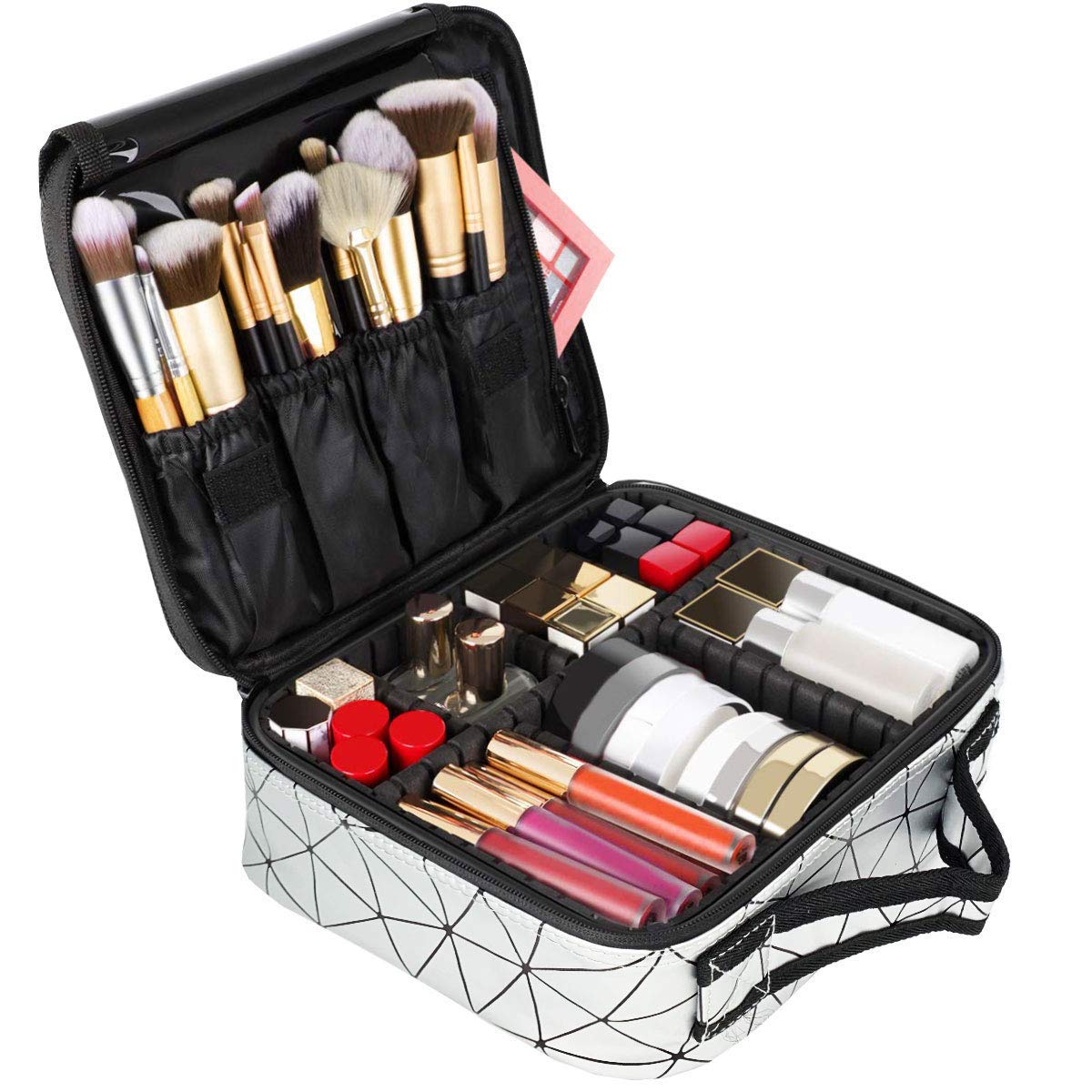 Cosmetic Storage Case with Adjustable Compartment (Silver Diamond)